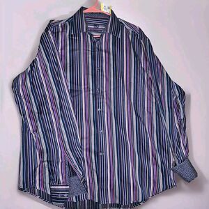 Bugatchi Uomo Purple Striped Dress Shirt Mens XXL Long Sleeve ButtonUp Flip Cuff